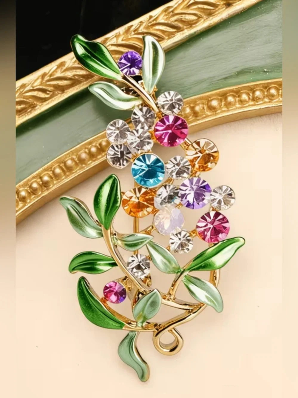 Green Leaf Multicolor Crystal Floral Brooch - Elegant Women's Jewelry